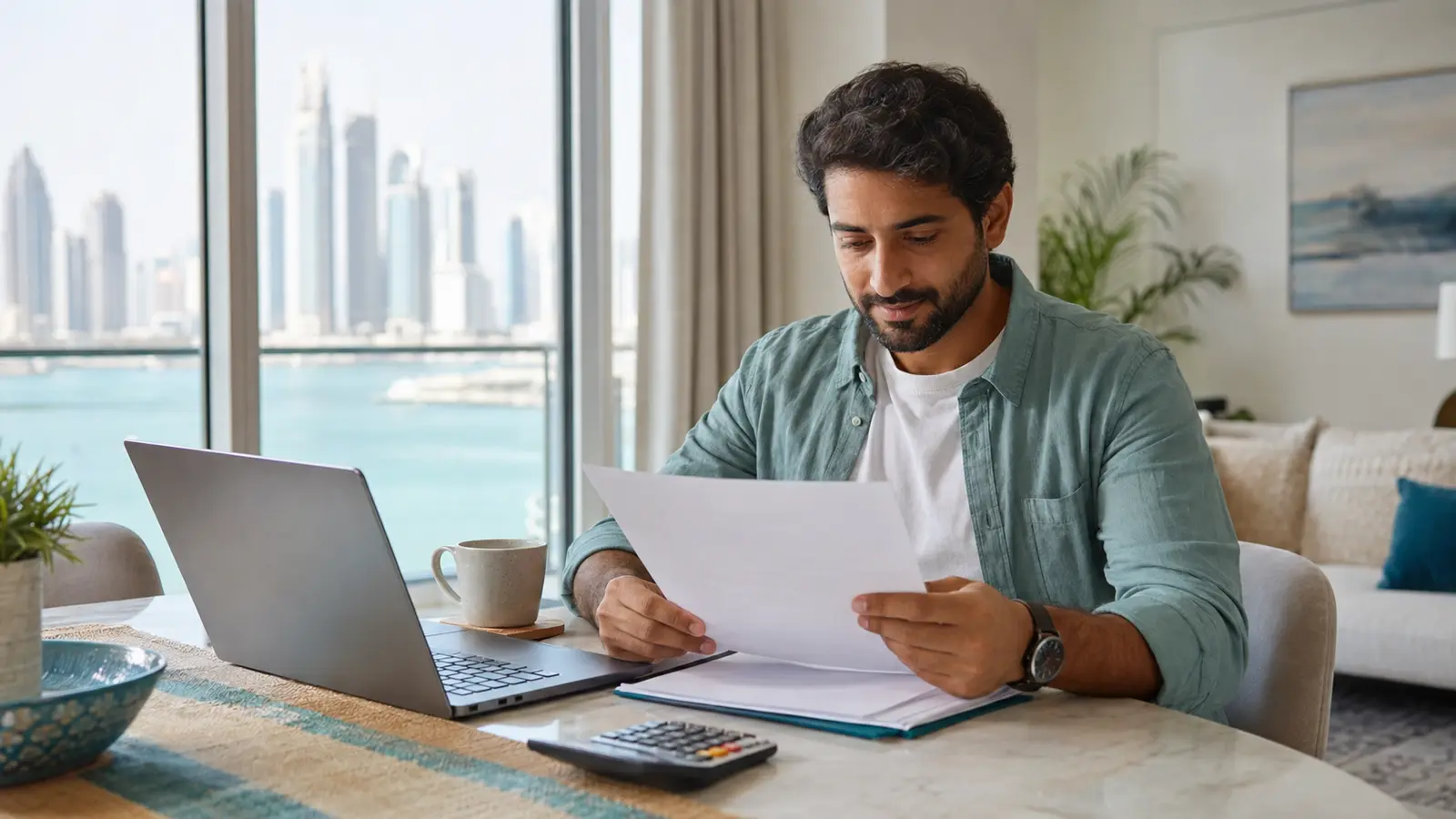 An Abu Dhabi tenant reviewing a tenancy renewal notice at home