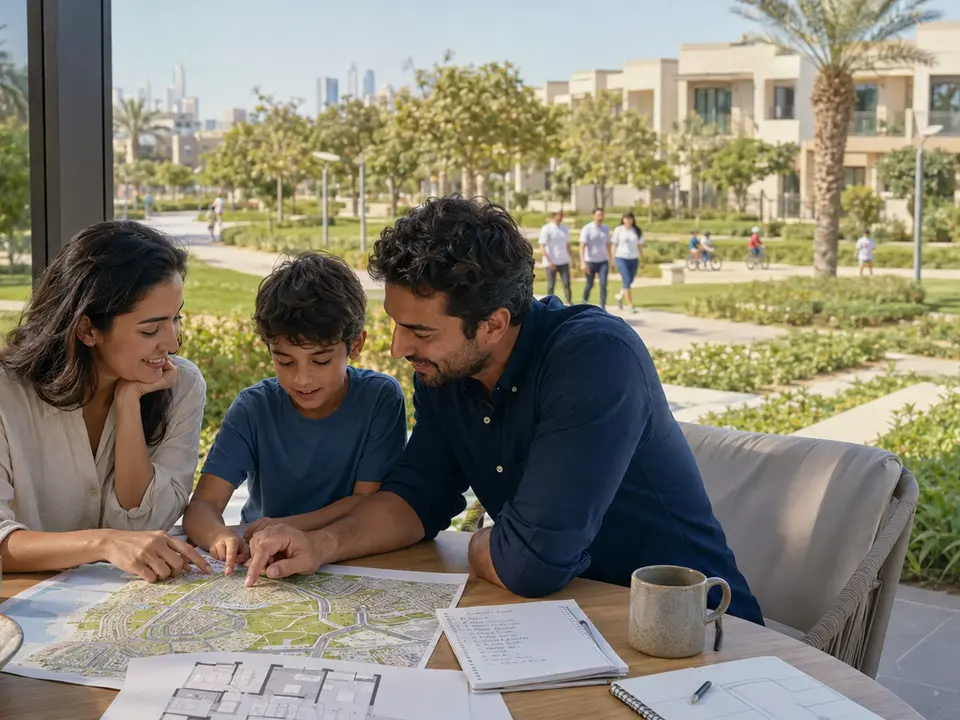 A family comparing a Dubai community map beside a green neighbourhood