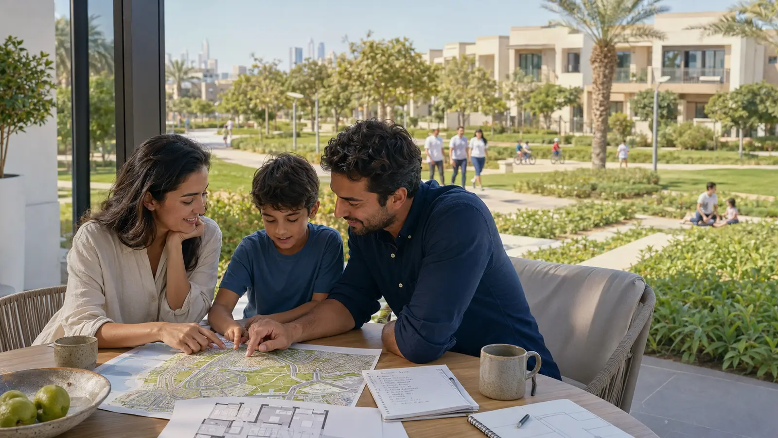 A family comparing a Dubai community map, routes and house plans beside a green residential neighbourhood