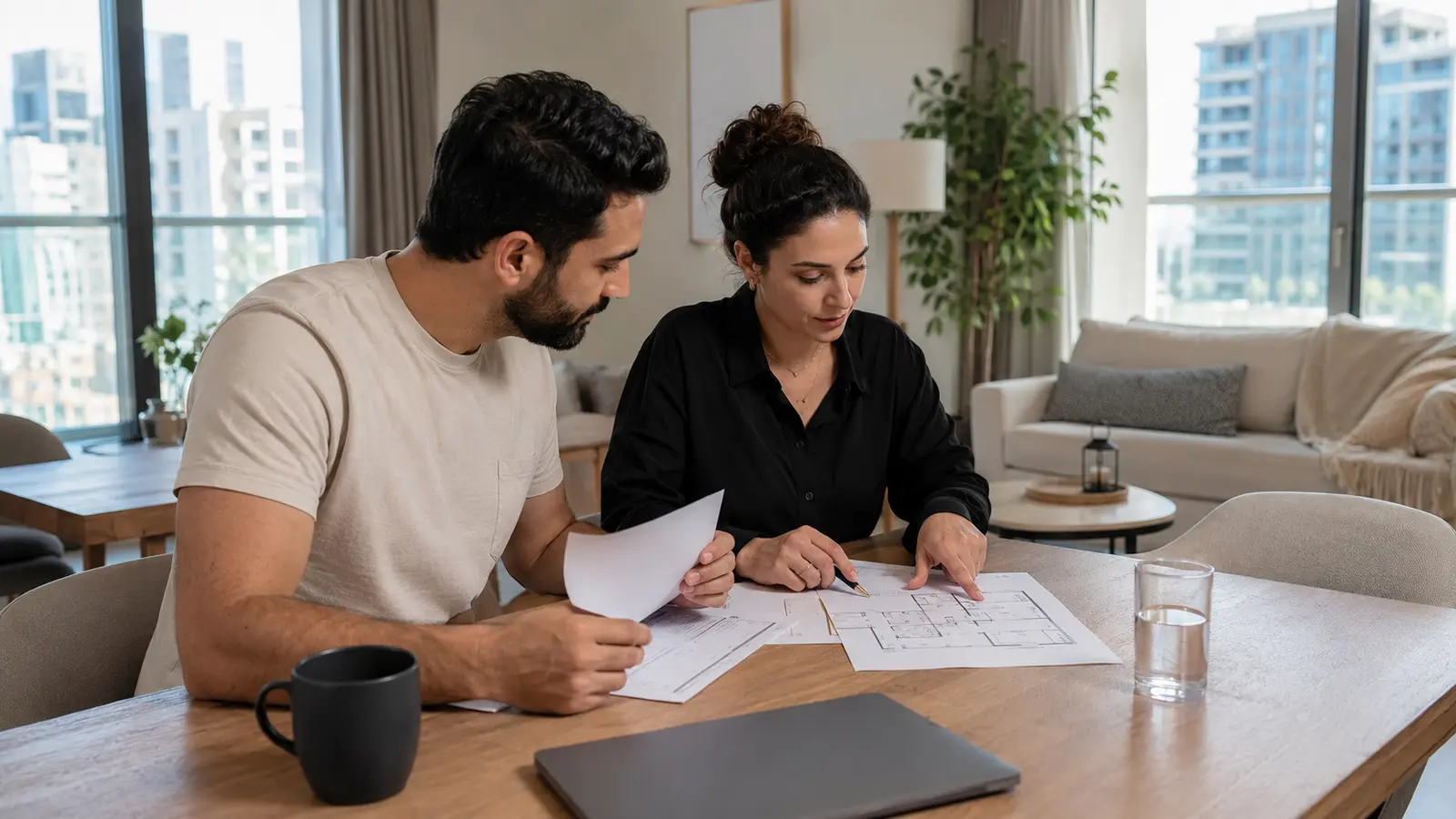 Dubai residents reviewing tenancy papers before sharing an apartment