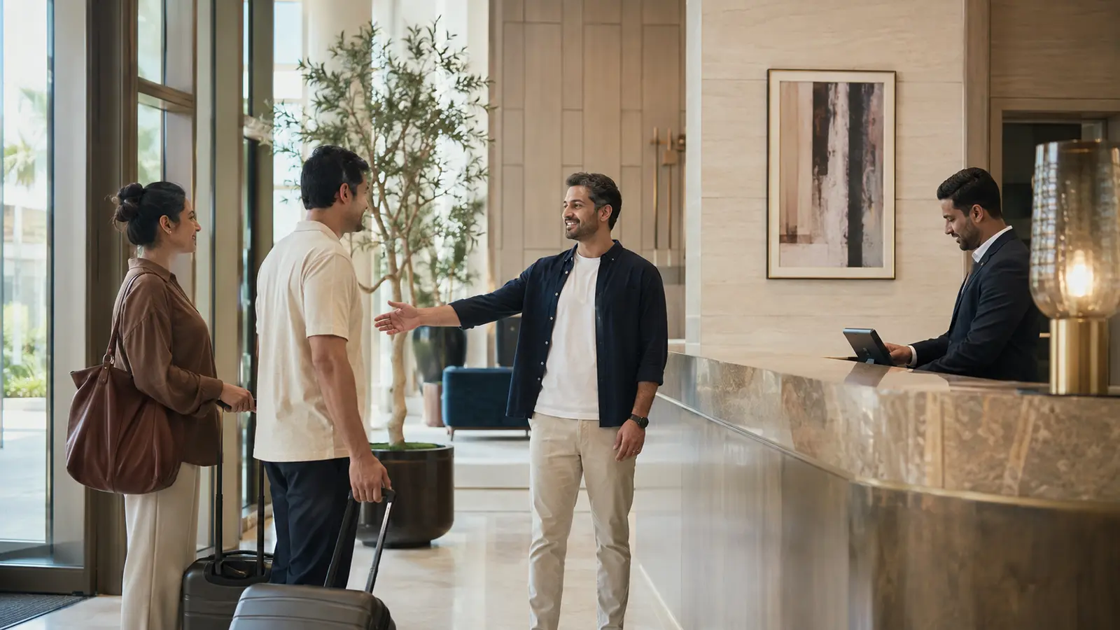 A Dubai apartment tenant welcoming family guests while building security completes a visitor check