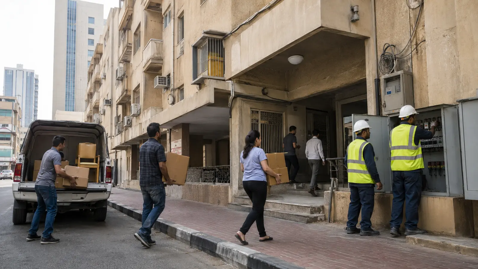 Tenants moving from an older Dubai building while technicians inspect utilities