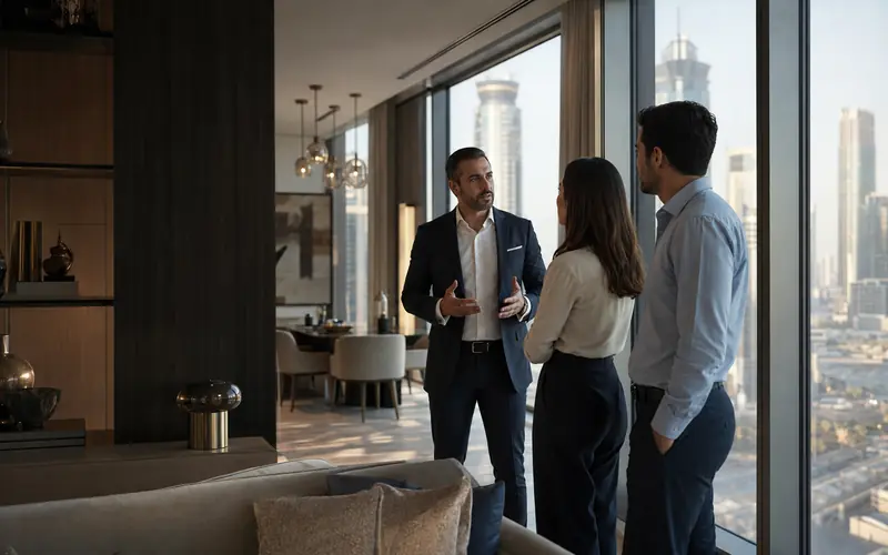 Property adviser discussing a Dubai apartment with two buyers